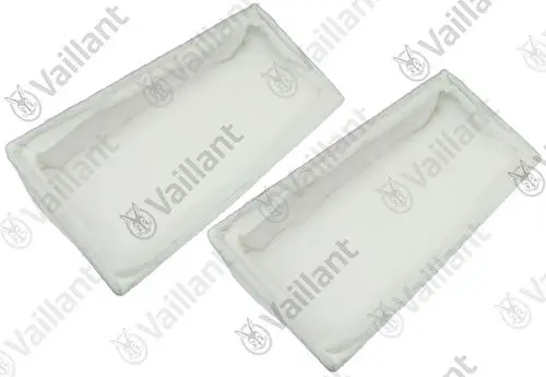 Zwei weiße Filter von Vaillant in rechteckiger Form, die nebeneinander liegen. Die Filter sind nahtlos und haben eine weiche, flauschige Oberfläche.